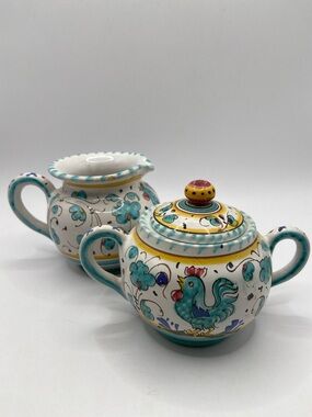 Hand Crafted Deruta Orvieto Rooster Creamer & Sugar Bowl Set Vintage